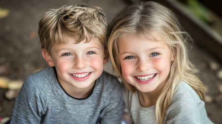 Two cheerful children share a joyful moment outdoors, showcasing the innocence and happiness of youth. Their bright smiles radiate warmth and friendship.の素材