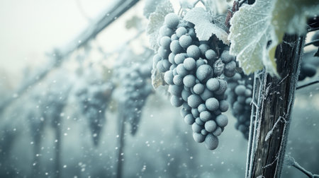 Captivating photograph of frosty grapes on vine in a winter setting, beautifully showcasing nature beauty in a snowy landscape, embodying tranquility and serenity.の素材