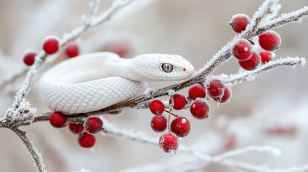 A stunning white snake rests on a frosted branch adorned with vibrant red berries, capturing the essence of nature's beauty in a serene winter setting.の素材