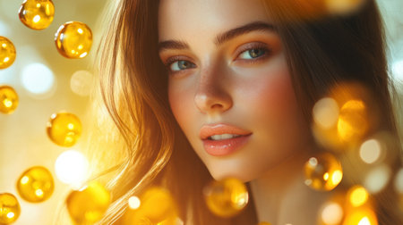 Captivating portrait of a beautiful woman with radiant skin, surrounded by soft golden light bubbles. The image conveys elegance, freshness, and natural allure, perfect for beauty and skincare themes.の素材