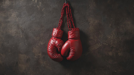 A pair of vintage red boxing gloves hangs against a dark, textured background, symbolizing sportsmanship and competition in fighting and fitness.の素材