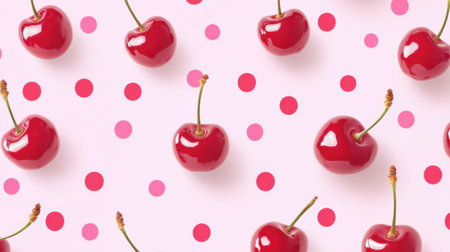 Colorful arrangement of fresh red cherries on a pink background with polka dots creates a vibrant and cheerful design suitable for summer themes.の素材