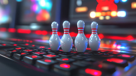 Four bowling pins stand on a gaming keyboard, illuminated by colorful lights. This image captures the fun intersection of bowling and digital gaming in a vibrant setting.の素材