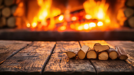 A serene scene featuring stacked logs on a rustic wooden table, with a warm glow emanating from a fireplace in the background, evoking a cozy atmosphere.の素材