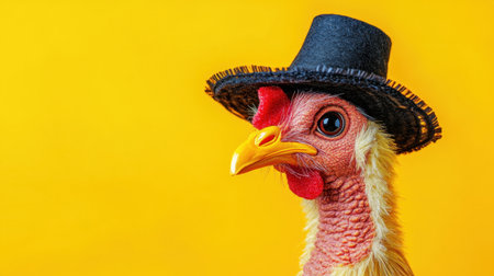 This playful chicken toy, donning a stylish black hat, stands out against a vibrant yellow backdrop. Perfect for fun and quirky imagery!の素材