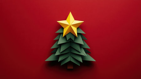 This vibrant image features a colorful paper Christmas tree topped with a star, set against a rich red background, perfect for seasonal decorations and festive themes.の素材