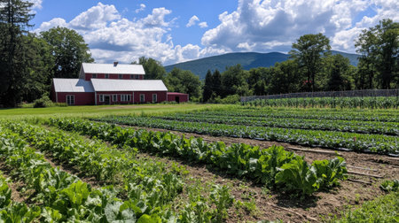 A peaceful farm scene showcasing lush vegetable rows and a charming red barn under a bright sky with fluffy clouds, surrounded by mountains.の素材