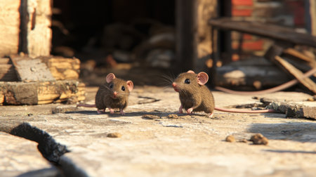 This image features two cute mice exploring a weathered urban environment. Their realistic fur and curious expressions add charm to the detailed outdoor scene.の素材