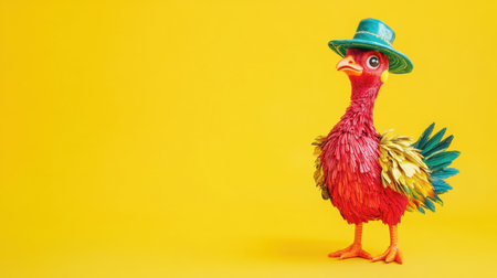 Whimsical toy bird with colorful feathers and a bright hat stands against a vivid yellow backdrop, showcasing playful charm and artistic creativity.の素材