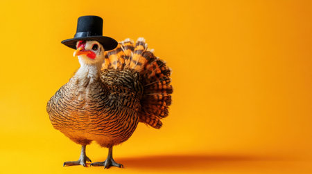 A whimsical turkey wearing a black hat stands against a bright yellow background. This playful image captures the festive spirit of Thanksgiving with humor and creativity.の素材