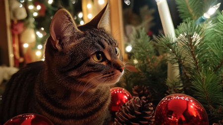 A charming cat curiously observing its surroundings surrounded by festive Christmas decorations. The warm lights and colorful ornaments create a cozy holiday atmosphere.の素材