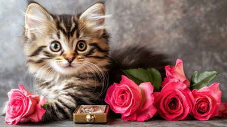A charming kitten poses gracefully beside vibrant pink roses and a vintage jewelry box, creating a perfect blend of beauty and elegance in a cozy setting.の素材