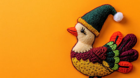 A vibrant felt bird decoration featuring bright colors and intricate details on a bold orange background, perfect for adding a touch of whimsy to any space.の素材