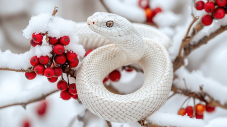 A striking white snake gracefully coils around vibrant red berries on a snowy branch, showcasing the serene beauty of winter's nature and wildlife.の素材