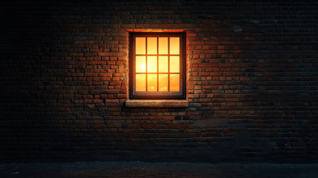 A warm glowing window illuminates a brick wall at dusk, creating a tranquil urban scene. The cozy ambiance invites a sense of peace and serenity.の素材