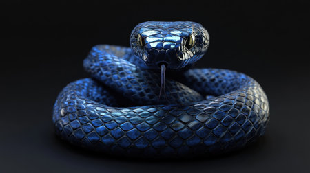 A stunning blue snake presenting its glossy scales and poised stance against a dark backdrop. This exotic creature showcases nature's beauty and allure.の素材