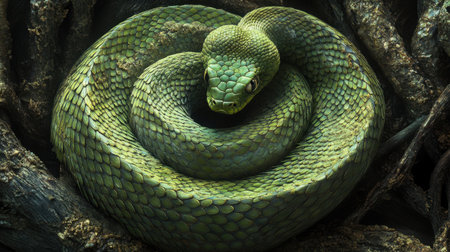 This striking close-up image showcases a vibrant green snake coiled elegantly among dark tree roots, highlighting its beautiful scales and natural environment.の素材