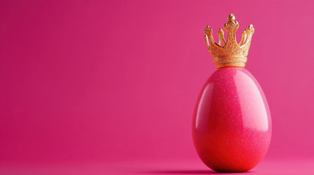 A striking pink egg adorned with a golden crown sits on a vivid pink background, symbolizing luxury and creativity. This whimsical design brings joy and elegance.の素材