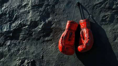 Vintage red boxing gloves hang on a dark, rough wall, representing the spirit of sports and training. The shadows create an intense atmosphere.の素材