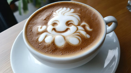 A charming latte art masterpiece featuring a smiling character creates a joyful atmosphere. Perfect for coffee lovers and baristas showcasing creativity.の素材