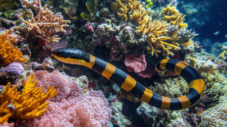 A striped sea snake gracefully swims through a vibrant coral reef, showcasing the rich biodiversity and stunning colors of marine life in its natural habitat.の素材