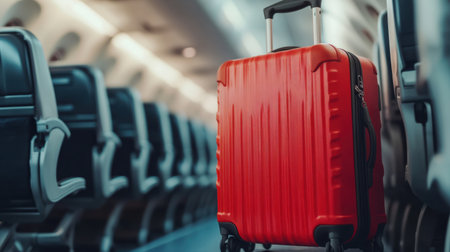 A vibrant red suitcase rests on the aisle of an airplane, surrounded by empty seats. This image captures the essence of travel, conveying anticipation for adventure.の素材