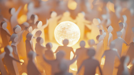 A creative depiction of paper cut-out figures holding hands around a glowing globe, symbolizing community, unity, and global connection through collaboration and friendship.の素材