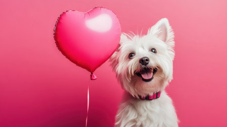 A cheerful dog sits beside a bright pink heart balloon, capturing joy and love. Perfect for themes of friendship, celebration, and pet joyfulness.の素材