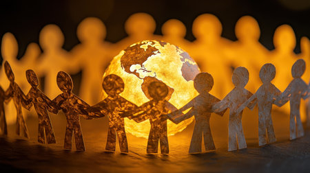 Creative representation of paper figures holding hands around a glowing globe, symbolizing unity and support for the planet in a warm and inviting atmosphere.の素材