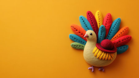 This vibrant felt turkey decoration features a cheerful design with colorful feathers against a bright yellow backdrop, perfect for autumn festivities.の素材