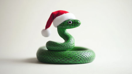 A vibrant green snake cheerfully wears a Santa hat, adding a playful touch to festive decorations. Perfect for seasonal themes and holiday celebrations.の素材