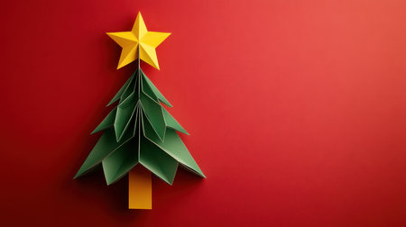 A vibrant paper Christmas tree with a yellow star sits against a red background, creating a festive and cheerful atmosphere perfect for holiday-themed projects.の素材