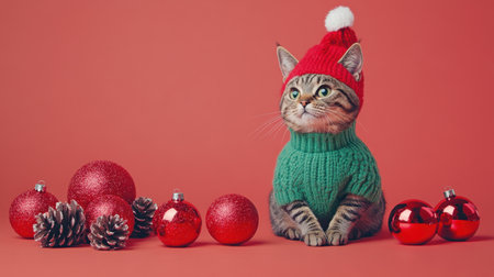 This charming cat, dressed in a cozy Christmas sweater and festive hat, poses with shiny ornaments and pinecones against a bright background. Perfect for holiday themes!の素材