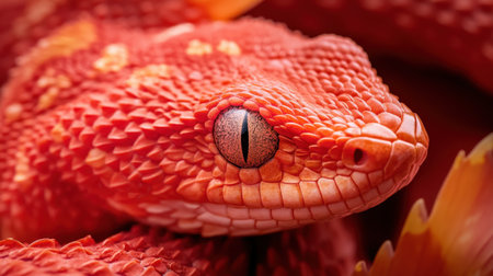 A stunning close-up of a vibrant red snake showcases its unique scales and captivating eye detail, highlighting the beauty of wild reptiles in nature.の素材