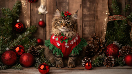 A charming cat dressed in a festive Christmas outfit poses among vibrant holiday decorations. The scene captures the spirit of the season beautifully.の素材