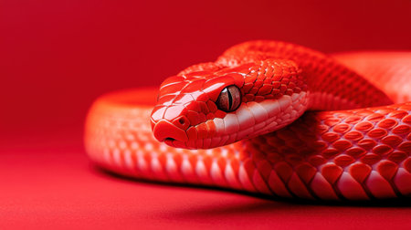 This image showcases a vibrant red snake elegantly coiled on a matching backdrop, highlighting its glossy scales and fierce beauty, perfect for nature-themed projects.の素材