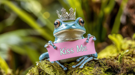 A charming frog wearing a crown holds a playful kiss me sign in a lush natural setting, capturing a whimsical and delightful moment in wildlife.の素材