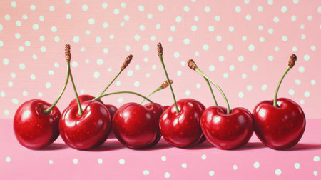 This vibrant image features shiny red cherries arranged on a soft pink background adorned with white polka dots, perfect for fresh food themes.の素材