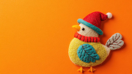 This charming felt bird in a Santa hat brings festive cheer against a bright orange backdrop, perfect for holiday decorations and joyful designs.の素材
