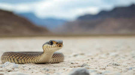 A detailed view of a snake resting on sandy ground, showcasing its scales and posture. The backdrop features soft mountains under a cloudy sky, illustrating nature's beauty.の素材
