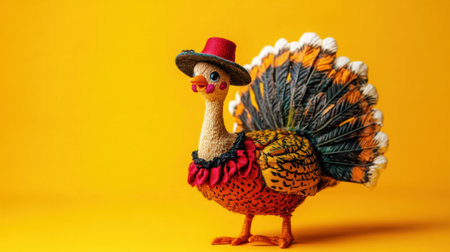 This charming turkey figurine features a colorful design and a playful hat, perfect for autumn decoration. Ideal for Thanksgiving themes or creative displays.の素材