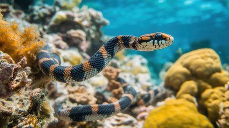 A vibrant coral snake gracefully navigates through a lively coral reef. The vivid colors of the coral and the snake create a stunning underwater scene, highlighting marine biodiversity.の素材