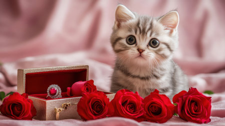 A charming kitten poses gracefully beside vibrant red roses and a ring. This enchanting scene evokes feelings of love and tenderness, perfect for romantic presentations.の素材