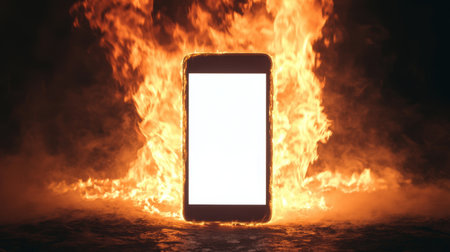 A striking image of a smartphone engulfed in flames, showcasing a blank screen amid a fiery backdrop. This photograph explores themes of technology and chaos, symbolizing danger and intensity.の素材