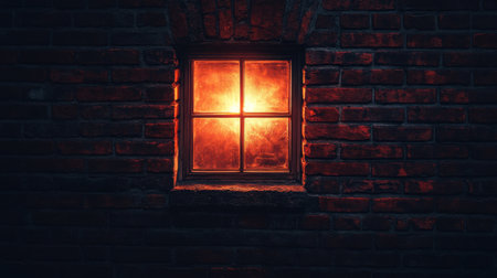 A warm glow emanates from a window set in a dark brick wall, creating a cozy atmosphere. The contrast between light and shadow adds to a sense of mystery.の素材
