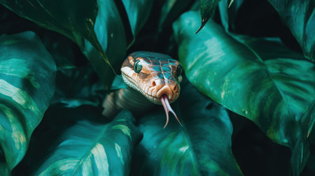 A striking close-up of a snake peeking through lush green foliage in a vibrant jungle. The intricate scales and captivating eyes highlight the beauty of wildlife in its natural habitat.の素材