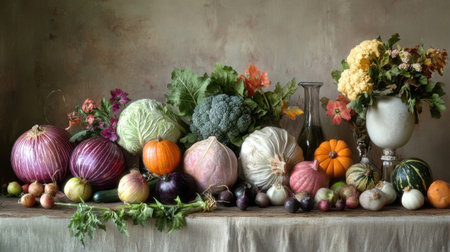 A stunning display of fresh vegetables and decorative flowers showcasing a rich harvest. This still life captures vibrant colors and natural beauty ideal for culinary inspiration.の素材