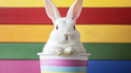 A cute white rabbit with long ears peeks over the edge of a colorful cup. The vibrant striped background creates a cheerful and playful atmosphere, perfect for spring festivities.の素材