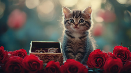 A charming kitten sits gracefully among vibrant red roses, with a delicate jewelry box beside it. The soft focus background creates a serene atmosphere.の素材