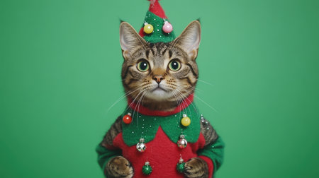 A charming cat dressed in a Christmas elf costume against a vibrant green background. The playful expression and festive attire create a heartwarming holiday scene.の素材